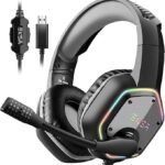 EKSA USB Gaming Headset for PC - Computer Headphones with 7.1 Surround Sound Stereo Noise Canceling Mic/Microphone RGB Light - Gaming Headphones for PS4/PS5 Console Laptop, Wired